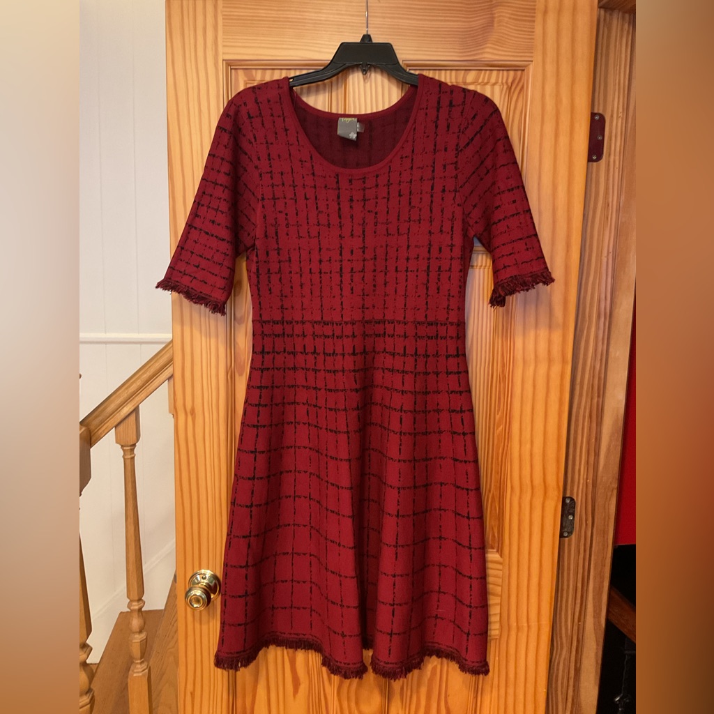 Taylor Red & Black Knit Dress A-Line Skater Womens Sz L Midi Fringe